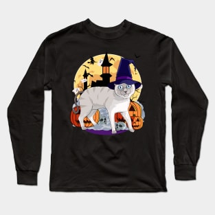 Siamese Cat Funny Halloween Witch Pumpkin Long Sleeve T-Shirt